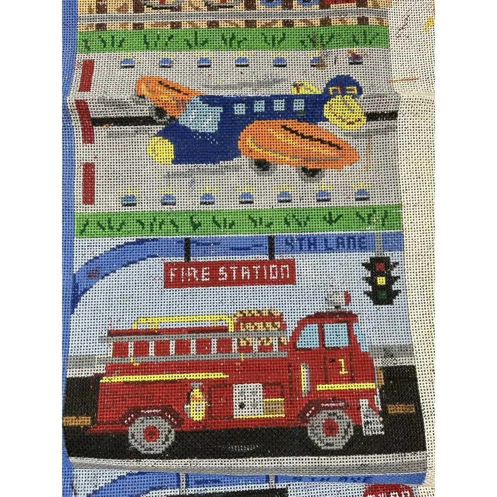 Handpainted Needlepoint Canvas Fire‎ Truck Police Car School Bus Train Airplane